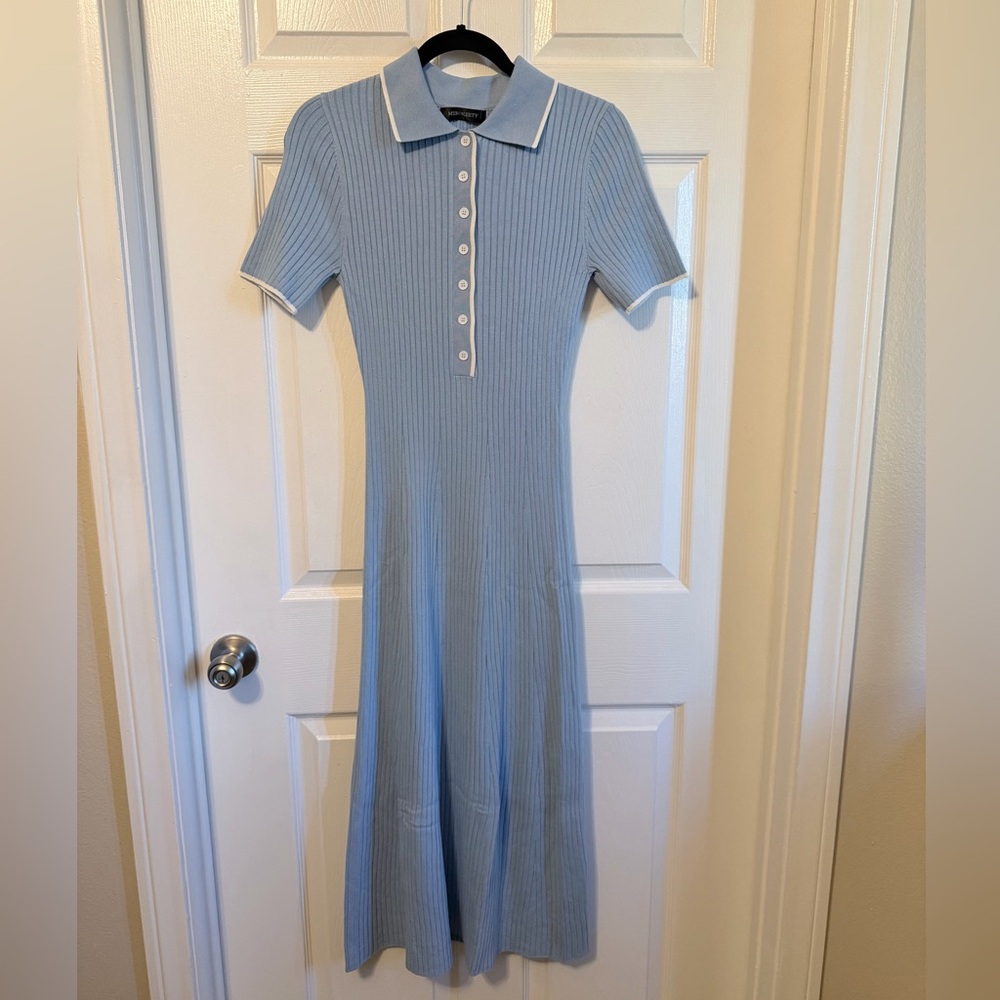 Blue Ribbed Polo Midi Dress